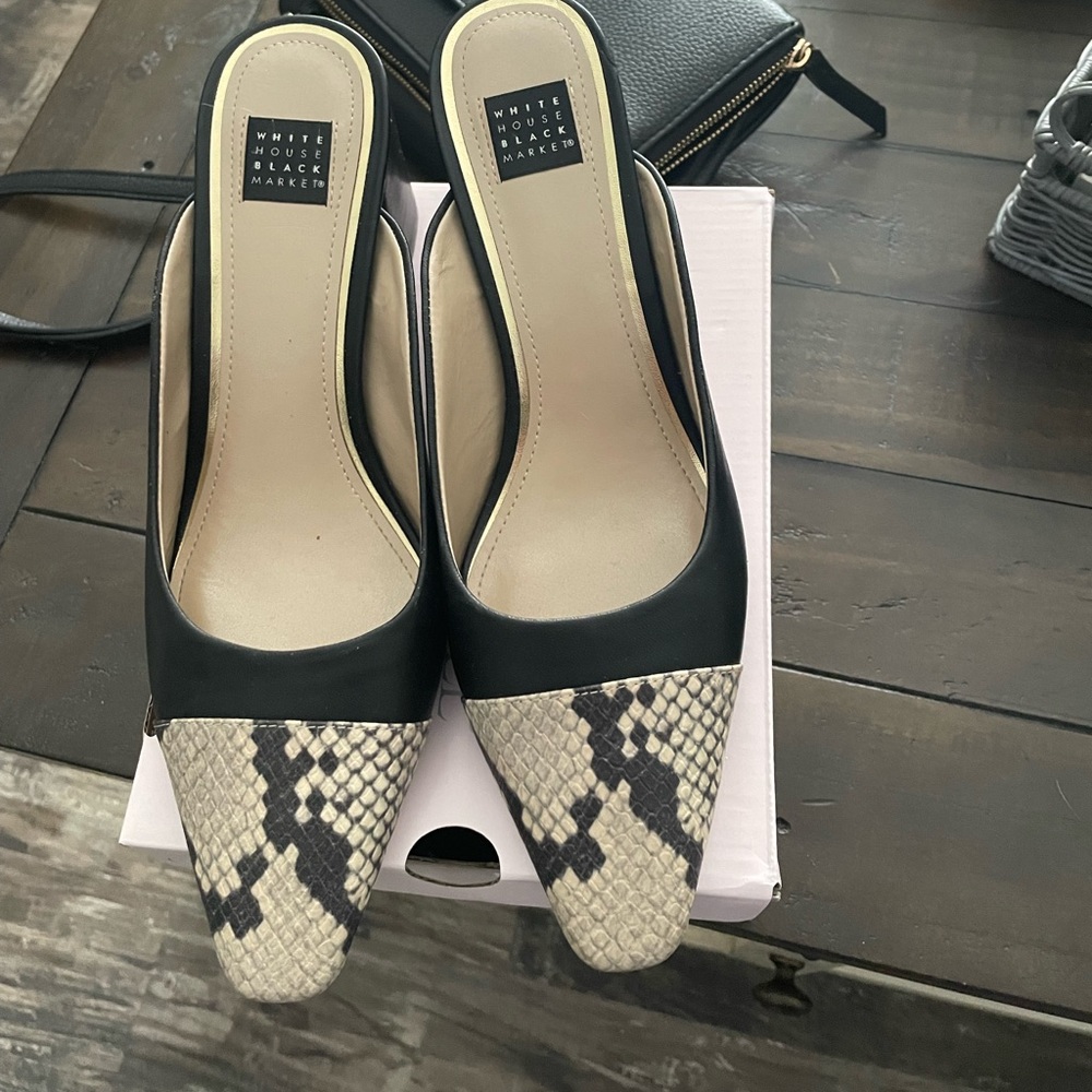 White House Black Market Black and Beige Snake Print Mules
